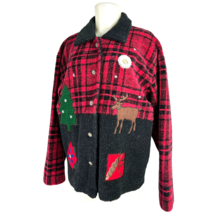 Talbots Plaid Fleece Reindeer Christmas Tree Applique Fleece Jacket - Wo... - £25.11 GBP