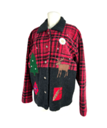 Talbots Plaid Fleece Reindeer Christmas Tree Applique Fleece Jacket - Wo... - $632.11 MXN