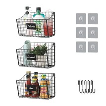 Wall Mounted Bin Basket With 5 Hooks 3 Label Plate Adhesive-3 Pack, Cabinet Hang - £43.95 GBP