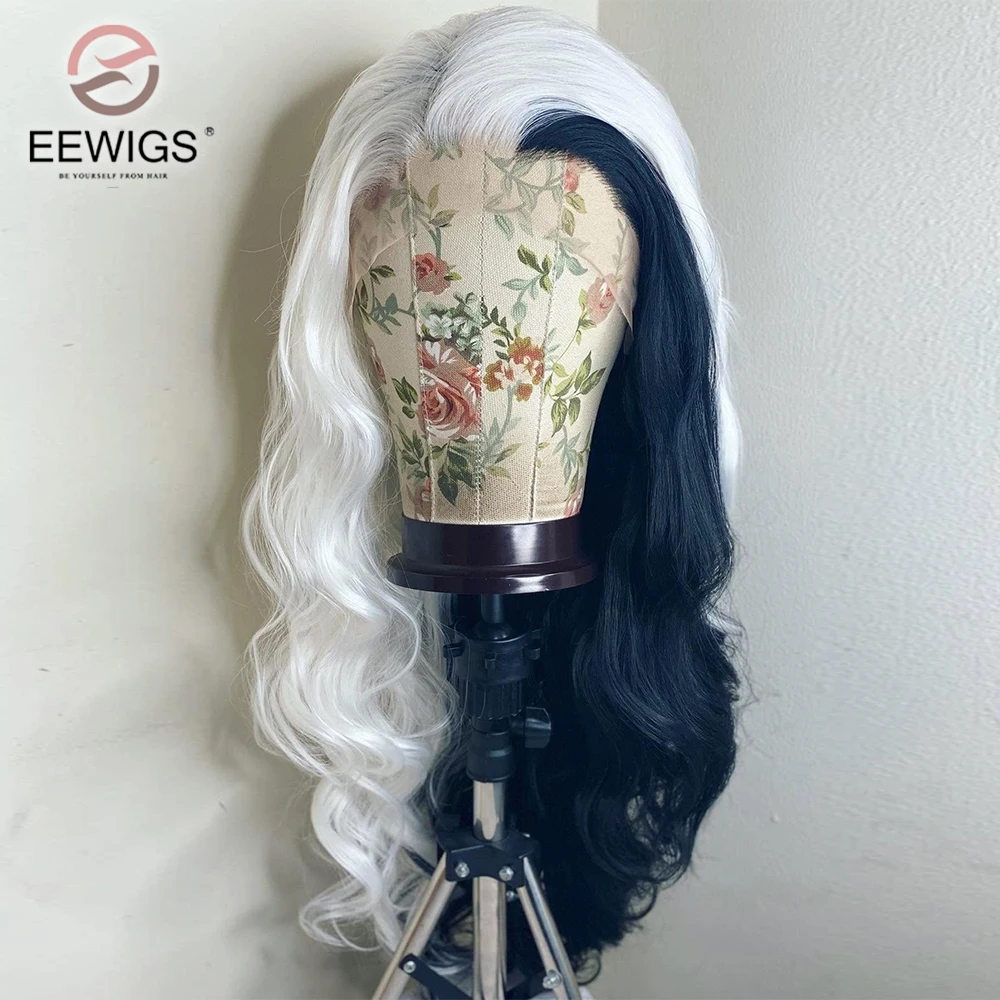 Body Wave Black Half White Synthetic Glueless Lace Front Wig Highlight He - £62.29 GBP+