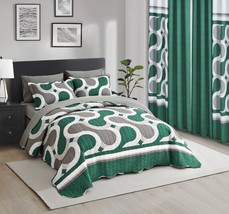 Lorena Geometric Green Bedspread Sheet &amp; Blackout Curtains 10PCS King Size - £68.20 GBP