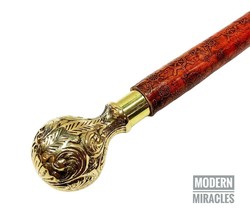 Antique Designer Brass Victorian Style Wooden Brown Leather Walking Cane... - £32.24 GBP