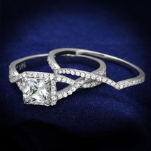 14k White Gold Plated Princess Cut Halo AAA Grade CZ Bridal Wedding Ring Set - £93.47 GBP