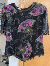 VTG Laurence Kazar 1x Black Blouse Beaded Evening Formal Silk SEQUIN Floral Fan - £27.17 GBP