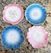 Pier 1 Imports Stoneware Flower Appetizer Plates Set/4 6.25&quot; Blue/Pink/Gold - $23.99
