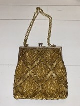 Gold Beaded Clasp Latch Lined Diamond Pattern Evening Bag Made In Hong Kong Vtg - £53.00 GBP