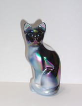 Fenton Glass Purple &amp; White Slag Carnival Iridized Stylized Cat Figurine - £142.10 GBP