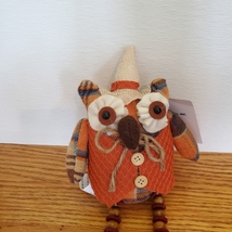 Owl Shelf Sitter, Plaid Fabric, wearing waistcoat and hat, bead legs, fall decor image 3
