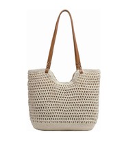 Crochet Knitted Summer Tote Woven Shoulder Bag Boho Beach Purse, Beige - $38.61