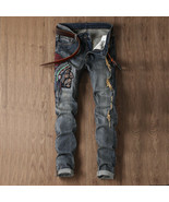 Men Jeans American Indians Embroidery Print Distressed Ripped Jeans Retr... - $551.95 MXN