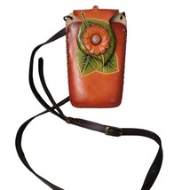 Hand Tooled Leather Floral Accent Embossed Crossbody PURSE  - £22.48 GBP