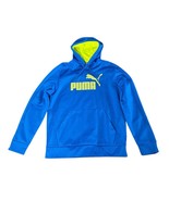 Puma Mens Blue Neon Green Fleece Lined Logo Hoodie Sweatshirt with Pocke... - $19.79