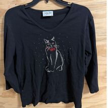 Women's Cat Bling Shirt XL V-neck Rhinestone Y2K Graphic Top  - $18.00