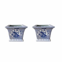 Beautiful Pair Blue and White Floral Bird Motif Square Porcelain Flower ... - $158.39