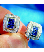 Earth mined Diamond Sapphire Invisible set Deco Earrings Vintage Style 1... - $77,867.39 MXN
