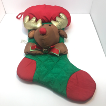Holiday Green Red and Gold Polyester Red Nose Reindeer Christmas Stocking 17 in - £11.84 GBP