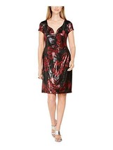 Connected Apparel Womens Red Sequined Floral Cap Sleeve V Neck Knee Length Sheat - $47.99