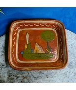 Vtg Mexican Redware Folk Art Pottery Plate Tray Hand Painted 7.75&quot;x6.75&quot;... - $17.08