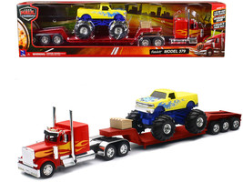 Peterbilt 379 Truck with Lowboy Trailer Red with Orange Flames and Monst... - $86.23