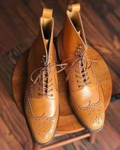 New Pure Handmade Tan Leather Lace up Brogue Ankle Boots for Men&#39;s - £142.00 GBP