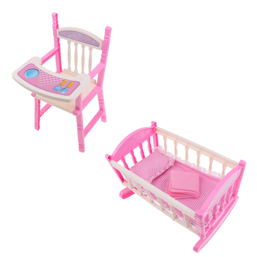 Doll Baby Toddler Furniture Playset - ABS High Chair Cradle Bed Crib Reborn Bed - £16.10 GBP