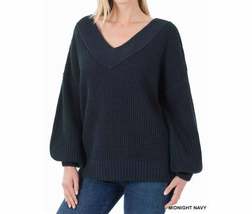 Balloon Sleeve Wide V-Neck Sweater - £21.89 GBP