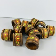 Wooden Napkin Rings Holders Dozen Brown Wood Painted Flowers Orange Yell... - £18.93 GBP