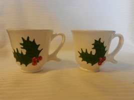Vintage Pair of White Ceramic Coffee Cups With Green Holly, Red Berries ... - $40.00