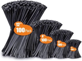 Zip Ties Assorted Sizes 4 6 8 12 400 Pack Black Cable Ties UV Resistant ... - $12.83