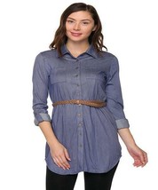 Womens Faux Jean Denim Blue Stretchy Belted Button Up Down Tunic Top Shi... - $22.00