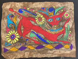 Native American Painting on Bark Red Animal w/Flower Motifs San Pablito - £14.94 GBP