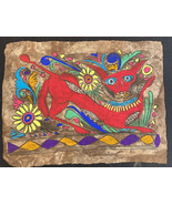 Native American Painting on Bark Red Animal w/Flower Motifs San Pablito - £15.16 GBP