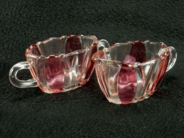 Oval Glass Creamer &amp; Sugar Set, Clear w/Cranberry Fanned Panels, Scalloped Rim - £15.62 GBP