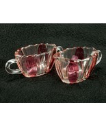 Oval Glass Creamer &amp; Sugar Set, Clear w/Cranberry Fanned Panels, Scallop... - $19.55