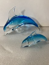 Glass Dolphin And Baby Fifth Avenue Crystal Glass 2 Hand Blown Blue Figurines - £22.41 GBP