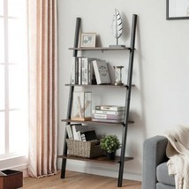 Multipurpose 4-Tier Industrial Leaning Wall Bookcase with Metal Frame-Brown - £65.08 GBP
