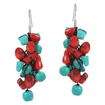 Bali Handmade Mix Stones Turquoise Coral Cluster .925 Silver Earrings - £13.44 GBP