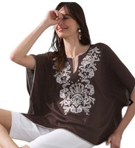 Chico’s L/XL Espresso Brown embellished embroidered boho poncho top  - £33.58 GBP