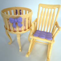 1997 Mattel Barbie NURSERY Rocking Chair and Round Crib Yellow W Pink Cu... - $31.79