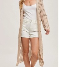 Open Knit Long Line Duster Cardigan Beige - £42.17 GBP