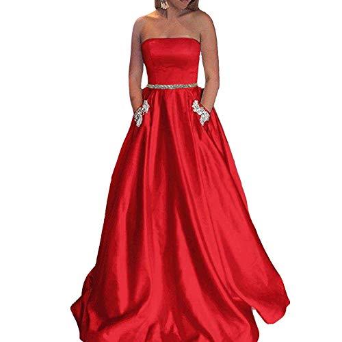 Beaded Belt Long Satin A Line Formal Prom Evening Dresses with Pockets Red US 10