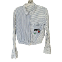 Bershka Womens Cropped Striped w/ Patch Long Sleeve Button Up Top Shirt Size L - £13.22 GBP