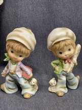 Retro Figurines Boys &amp; Dogs Vintage Handcrafted Ceramic Collectible 7 1/4” - $8.91