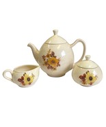 Studio Art Pottery Tea Pot Cream Sugar Tan Speckle Gold Brown Floral Sig... - £54.26 GBP