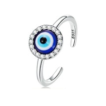 Sterling Silver 925 Evil Eye Adjustable Ring In A Retro Style With Clear CZ - £13.76 GBP