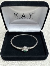 Irish Claddagh Bangle Bracelet 925 Sterling Silver Emerald 13.5g Kay Jeweler JD - $123.75