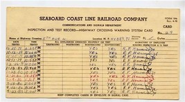 Seaboard Coast Line Railroad Co. Inspection &amp; Test Record Highway Crossi... - $17.82