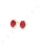 Vintage Oval Cut Ruby Stud Earrings Art 14k Yellow Gold Moissanite Halo ... - $1,608.44