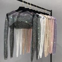 Wommen Bling Sparkle Rhinestones Shawl Cover Up Hollow Out Fishnet Crop Top Club - £22.43 GBP