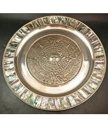Aztec Decor Mayan Calendar Plate Mexico Alpaca Silver Metal Abalone Inla... - $29.70